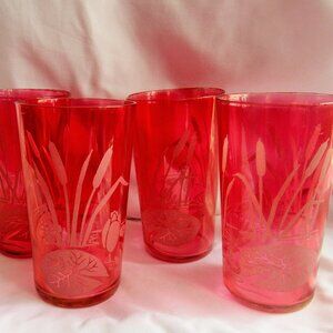 Vintage Etched Cranberry Glass Tumblers set of 4 Cat Tails and Lily Pads  R323